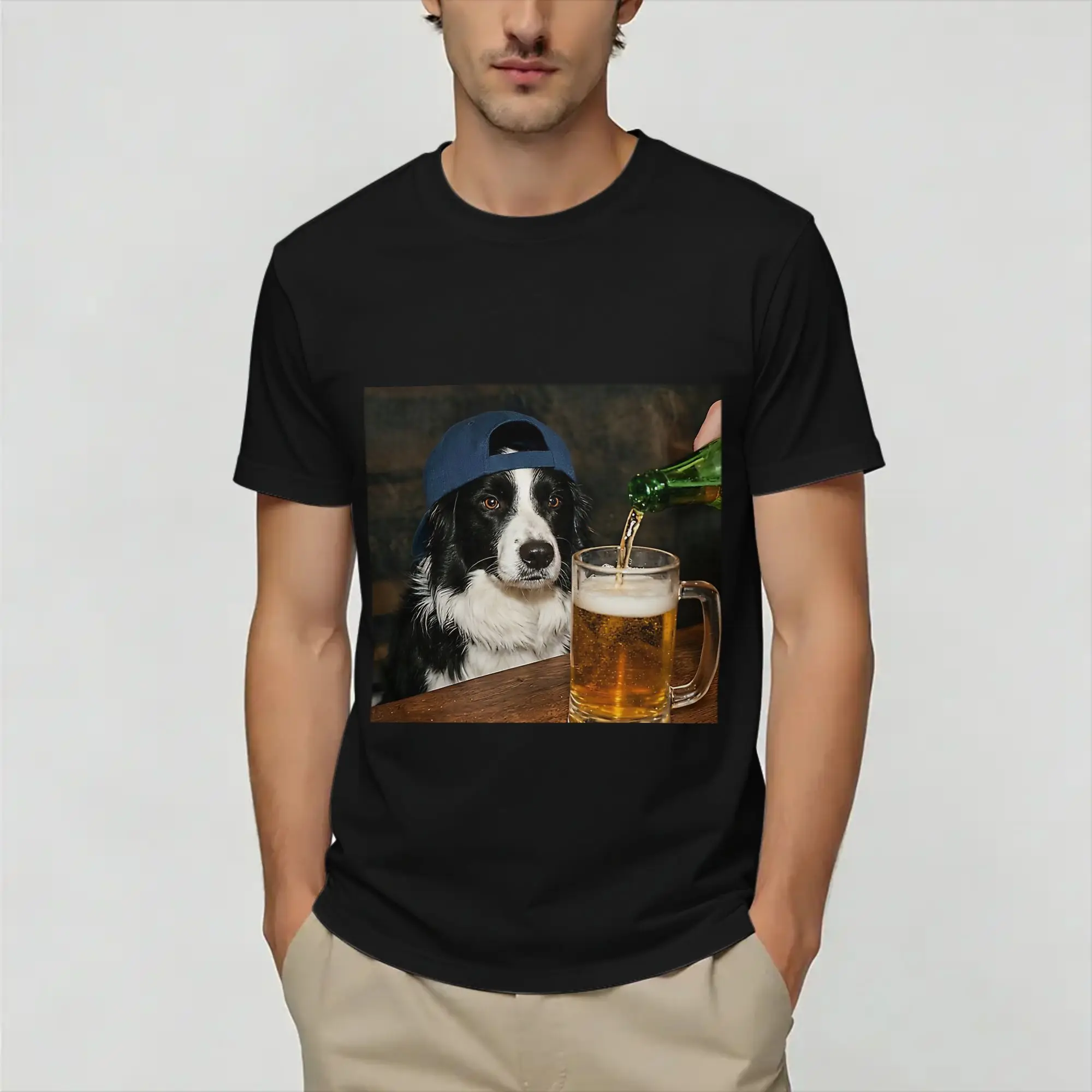 Border Collie Drinking Beer Funny Dog   T-Shirts for Men   Cotton Tee Shirt Round Neck Short Sleeve T Shirts Gift Idea Clothing