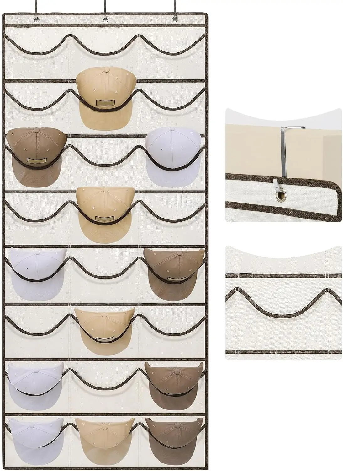 

LoforHoney Hat Organizer for Baseball Caps, Over The Door Hat Rack with 24 Deep Pockets, 3 Hooks, Visible Hat Holder, Be