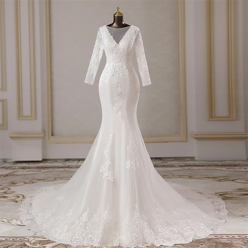 Tay Dài Thanh Lịch Táo Nàng Tiên Cá Áo Cưới Hôn Nhân Đầm Cô Dâu Đầm Vestidos De Novia Đầm Nữ Tiệc Cưới