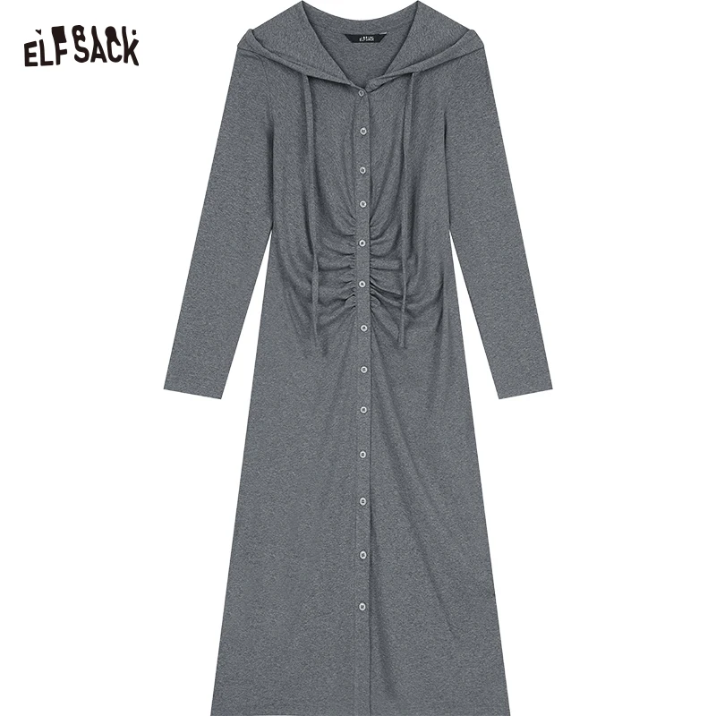 2024 Autumn ELFSACK New Arrivals Grey slim waist button temperament hooded knitted long-sleeved dress for women