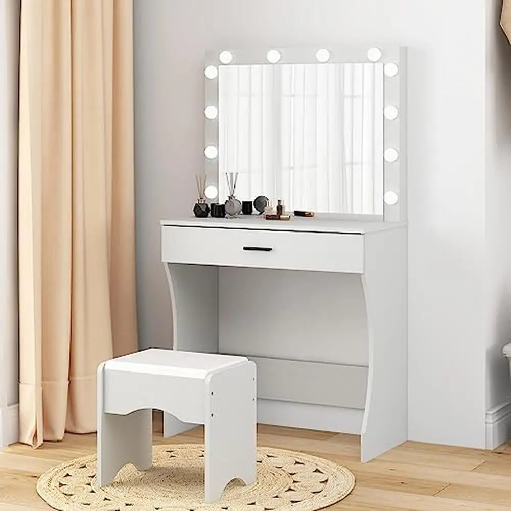 Vanity Desk Hollywood Light Bulbs Large Mirror One Drawer Makeup Table Stool Set White/Brown/Black