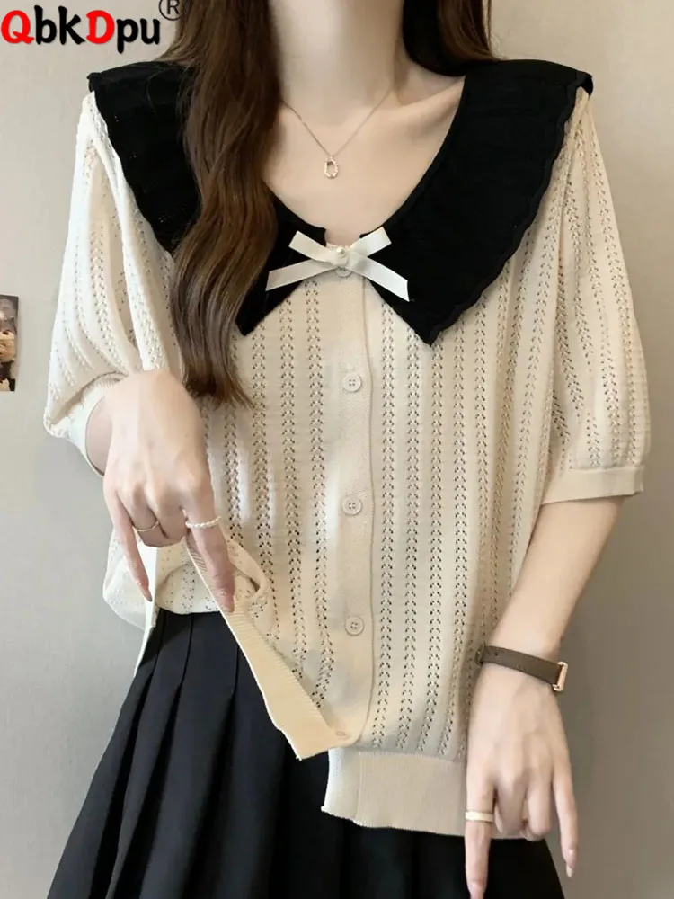 Summer Loose Lapel Knitted T-shirt Tops Women Casual Short Sleeve Knit Camisetas Blusas Korean Single Breasted Knitwears Tees