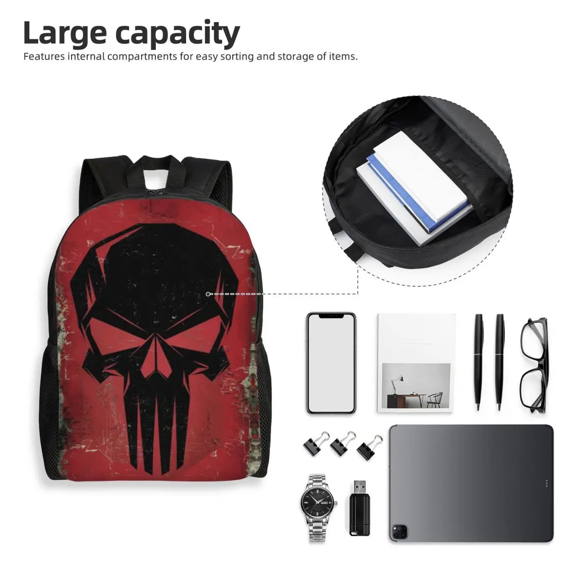 Customized Punisher Skull Symbol Backpack Men Women Basic Bookbag for School College Trendy Superhero Bags