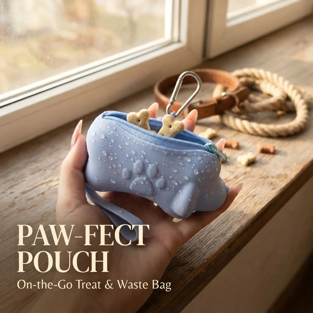 Dog Treat Pouch Food Grade Silicone Cute Puppy Shape Pet Training Snack Bag with Zipper Carabiner Wrist Strap Portable