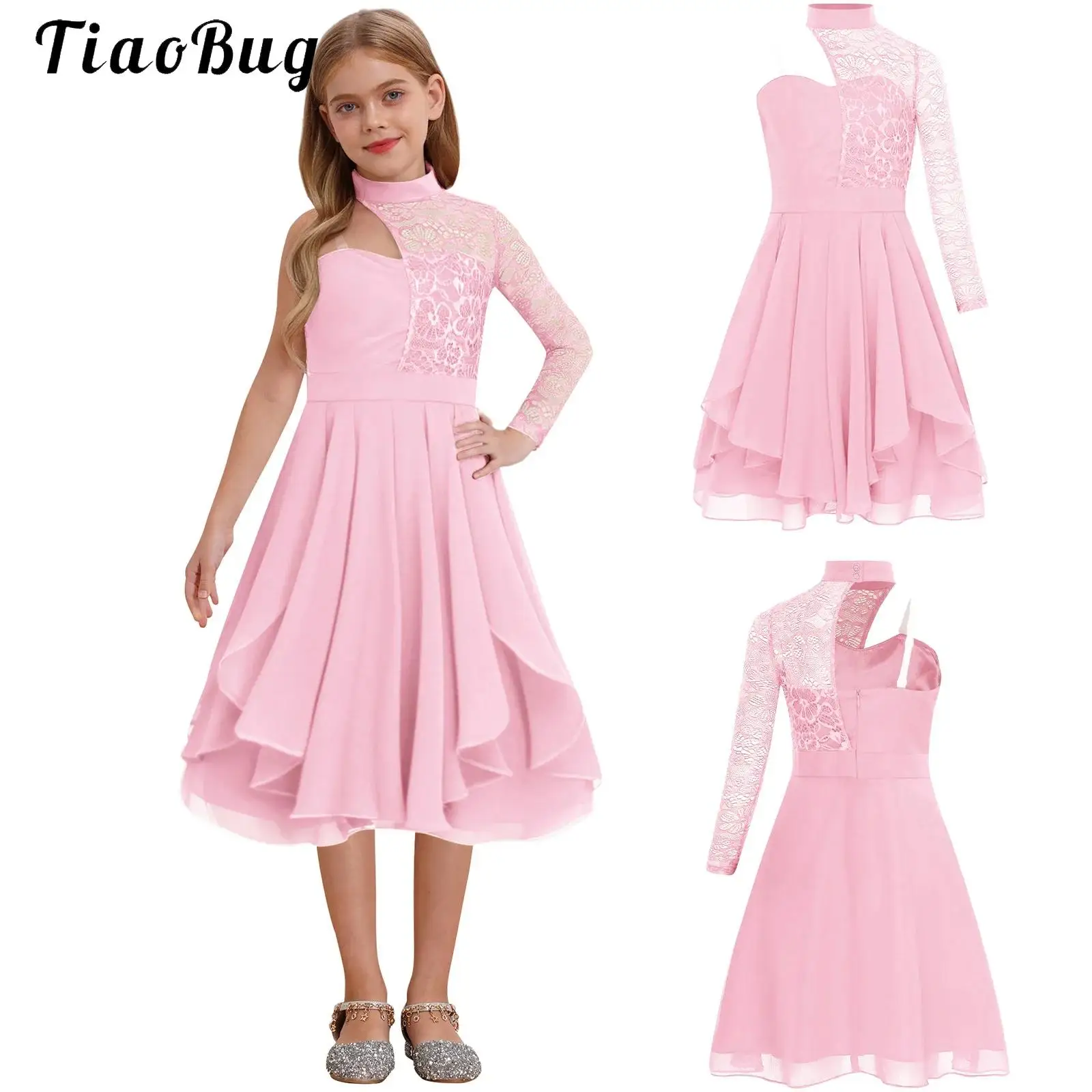 

Children Girl Elegant Dress One Shoulder Long Sleeve Embroidery Tulle Dress for Pageant Wedding Special Occasions Birthday Party