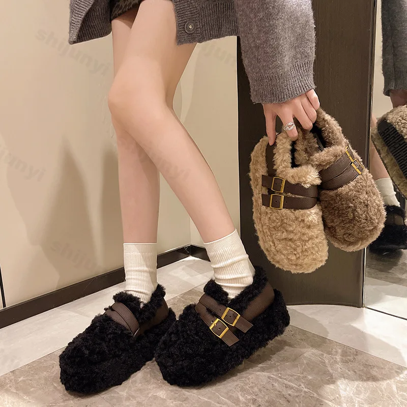 

Autumn Winter Women's Cotton Shoes 2025 Fashion Plush Warm Retro Casual Shoes Outdoor Non Slip Flat Shoes Buckle Zapatos Mujer