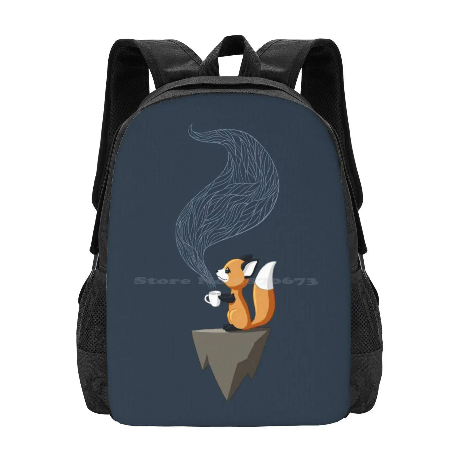 Fox Tea Hot Sale Backpack Fashion Bags Cute Little Fox Smiling Tea Funny Fantasy Animal Children Freeminds Anime Blue Orange