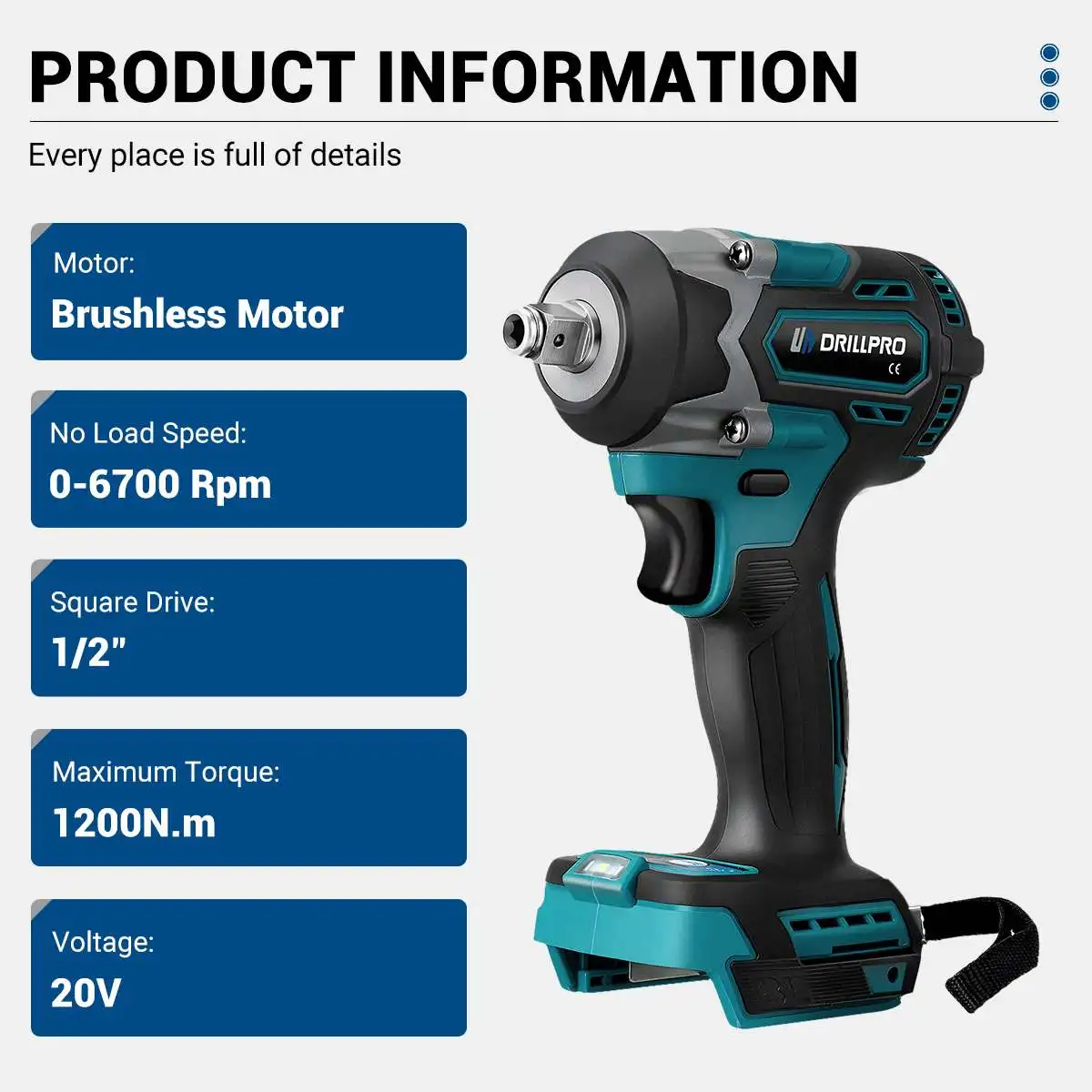 Drillpro 1200N.M Brushless Electric Impact Wrench 1/2