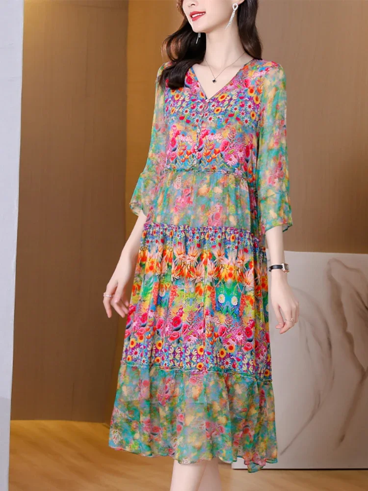 

Women Summer Printing Dress 2024 New Woman Silk Floral Dress Elegant Long Beach Vintage Dresses for Women