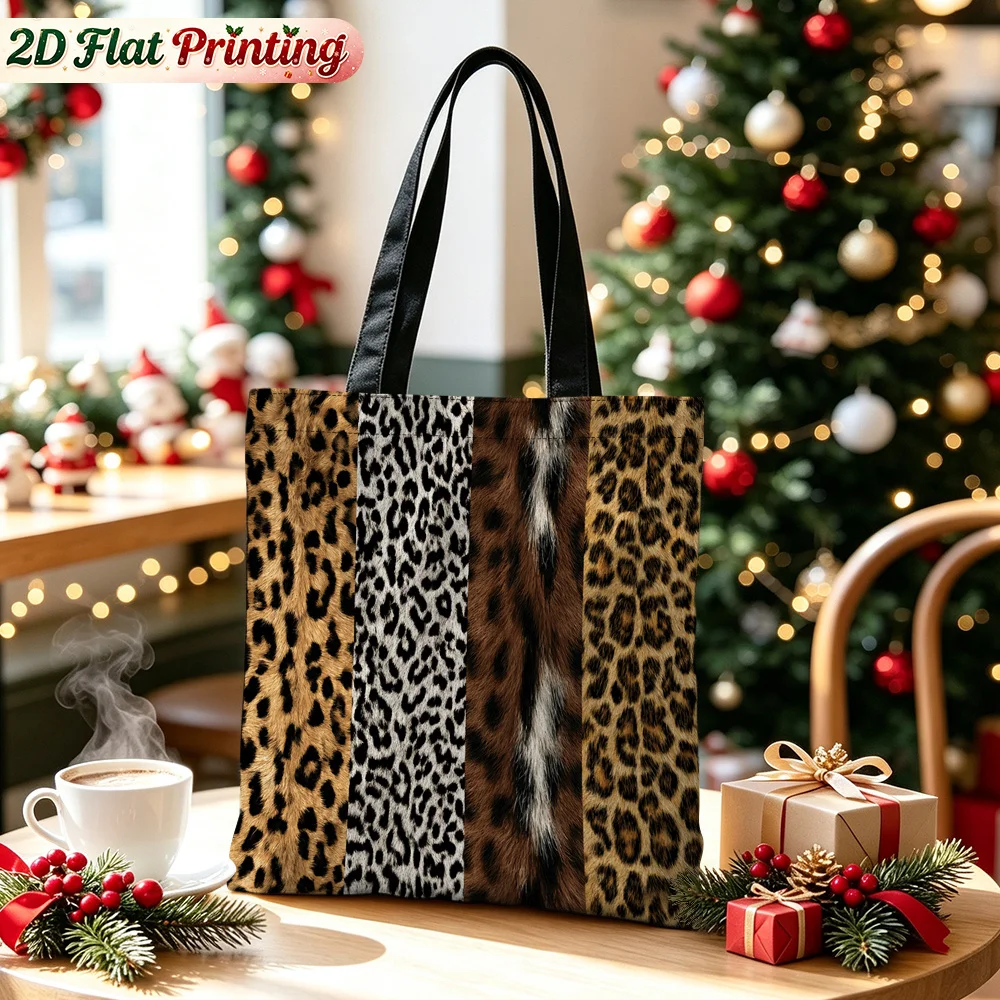 1pc Women' Leopard Print Tote Bag Large Foldable Reusable Grocery Bag with Hot Transfer Suitable for Christmas Gifts Pouch