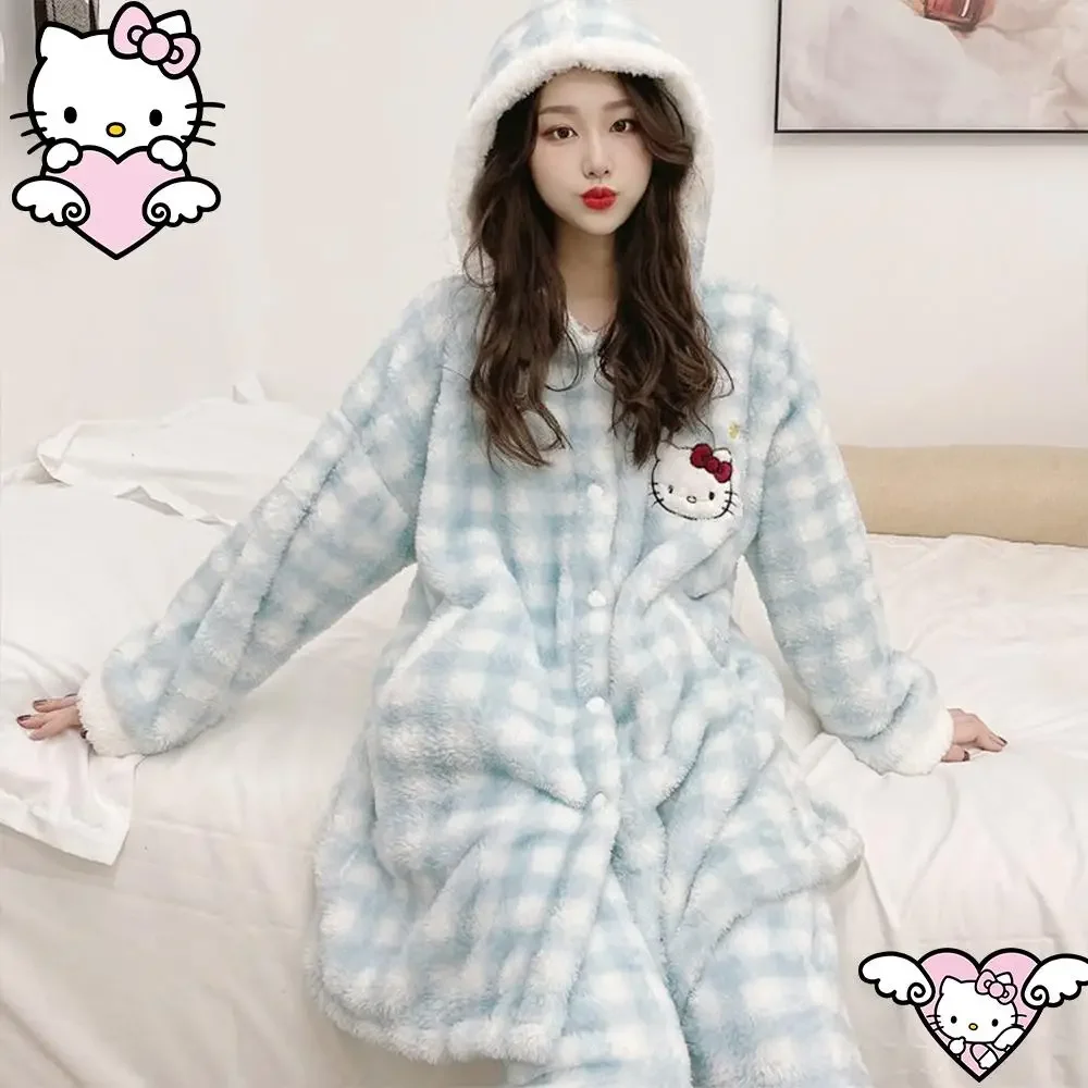 Sanrioed Hello Kitty Pajamas Pants Suit Anime Cinnamoroll Women Cute Kawaii Winter Cardigan Plush Coral Fleece Cartoon Homewear