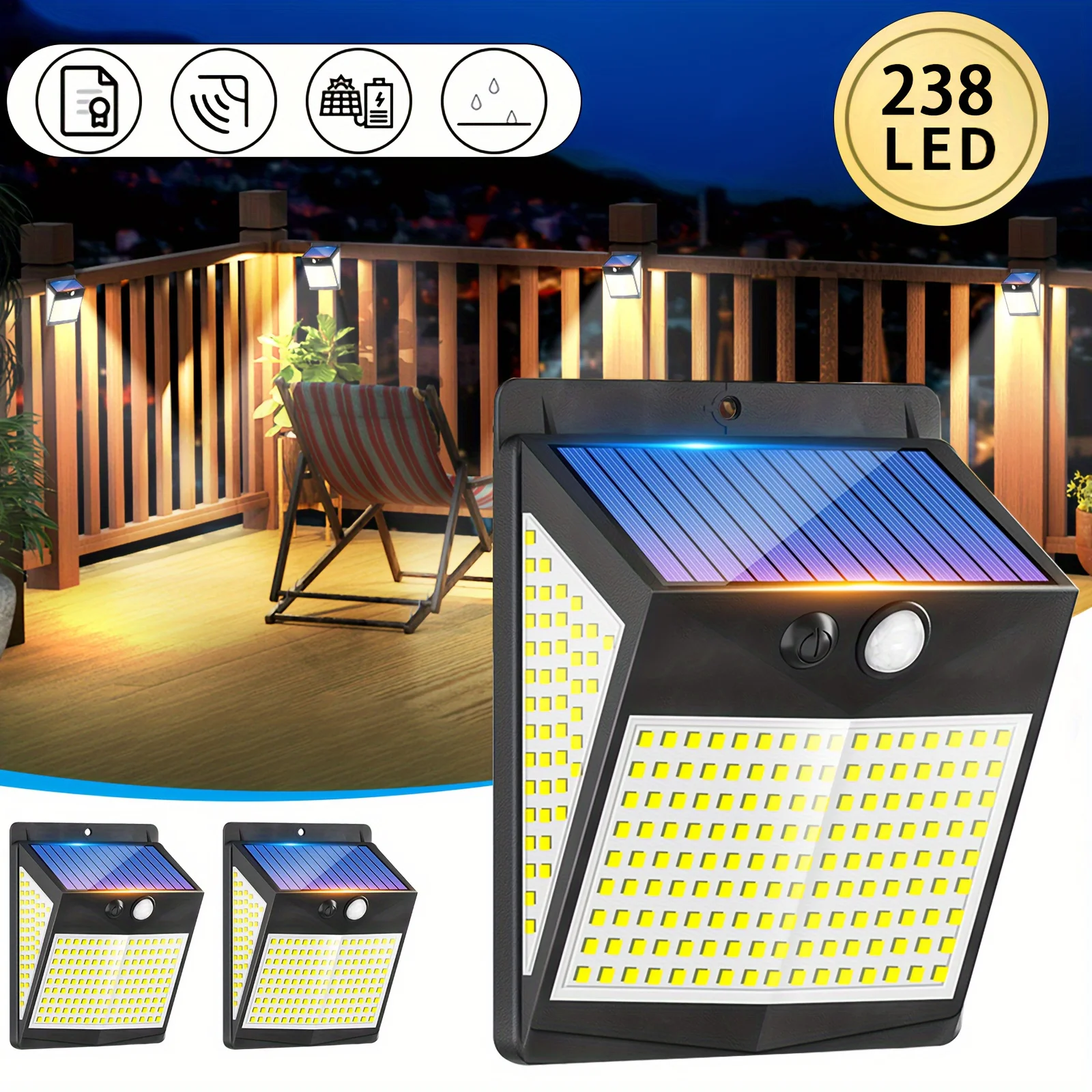 Luz solar ao ar livre com sensor de movimento, Luz LED impermeável, 3 modos de iluminação, 238