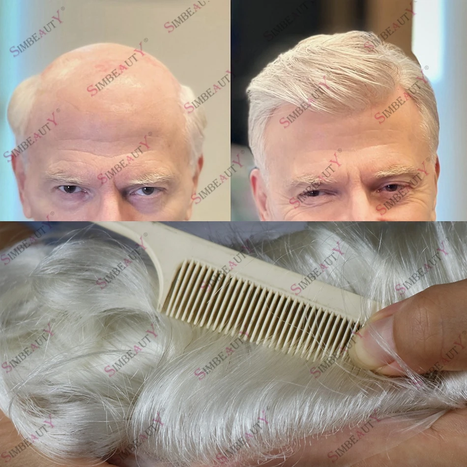 Platinum Blonde Human Hair Thin Skin Vloop Invisible Knots Super Natural Hairline Men's Toupee Non Surgical Hairloss Prosthesis