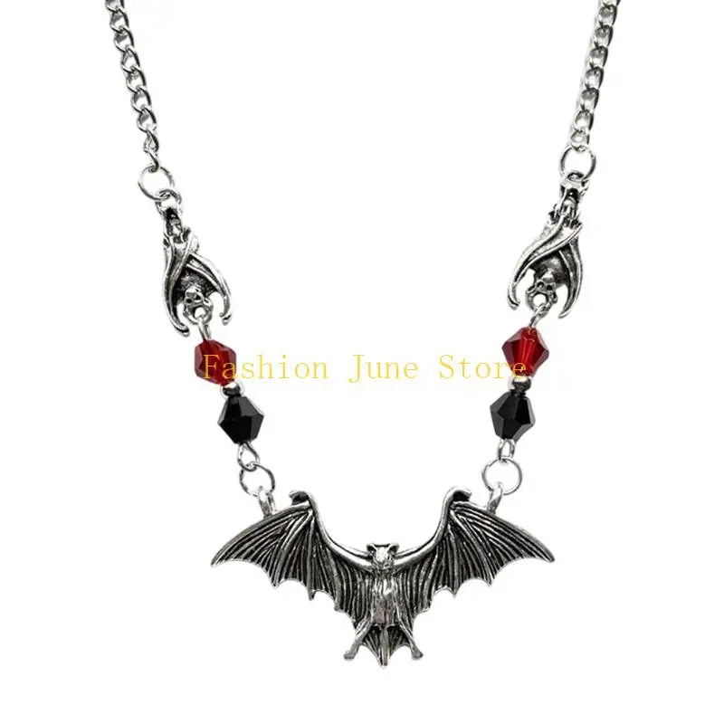 N5KA Unisex Bat Pendant Jewelry Gothic Necklace with Adjustable Chain Lightweight Alloy Build and Bead for Cosplay