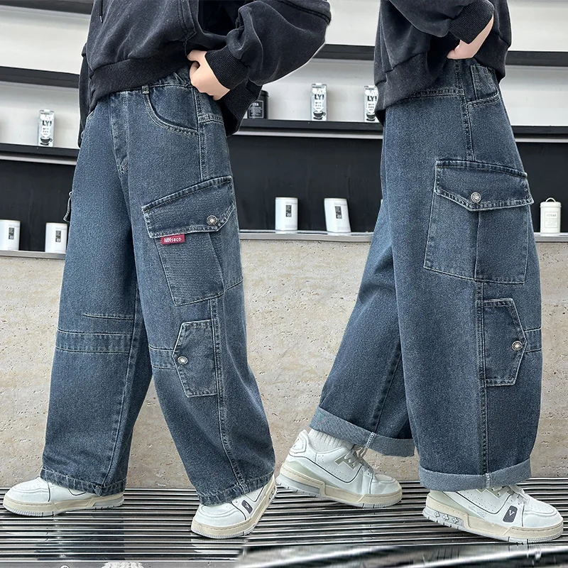 

Spring Autumn Kids Loose Straight Baggy Cargo Jeans with Pocket for Boy Classic Design Blue Denim Pants Children Casual Trousers