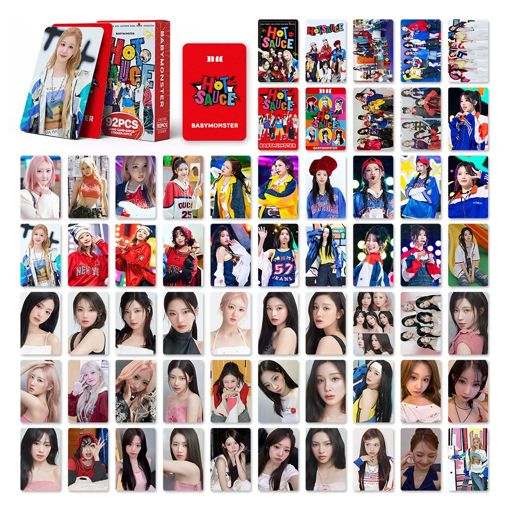 92PCS BABYMONSTER HOT SAUCE Album Photocards - RAMI RORA AHYEON RUKA Laser LOMO Cards With Stickers