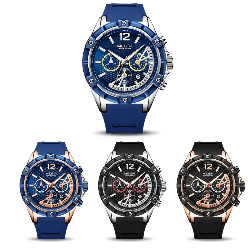 Reloj deportivo MEGIR con cronógrafo para hombre, relojes de cuarzo de silicona resistentes al agua, reloj de pulsera militar para hombre, reloj Masculino