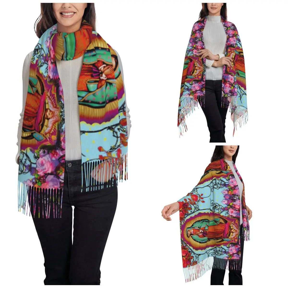 Christian Catholic Scarf for Womens Fall Winter Pashmina Shawls and Wrap Virgin Mary Long Large Scarves with Tassel