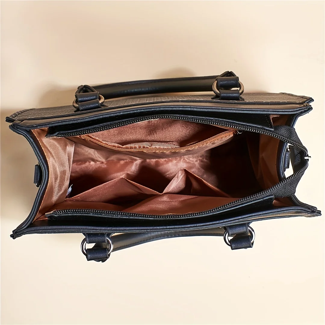 3Pcs Retro Geometric Pattern Tote Bag Set, Faux Leather Shoulder Bag & Clutch & Coin Bag, Perfect Women Bag Set For Daily Use