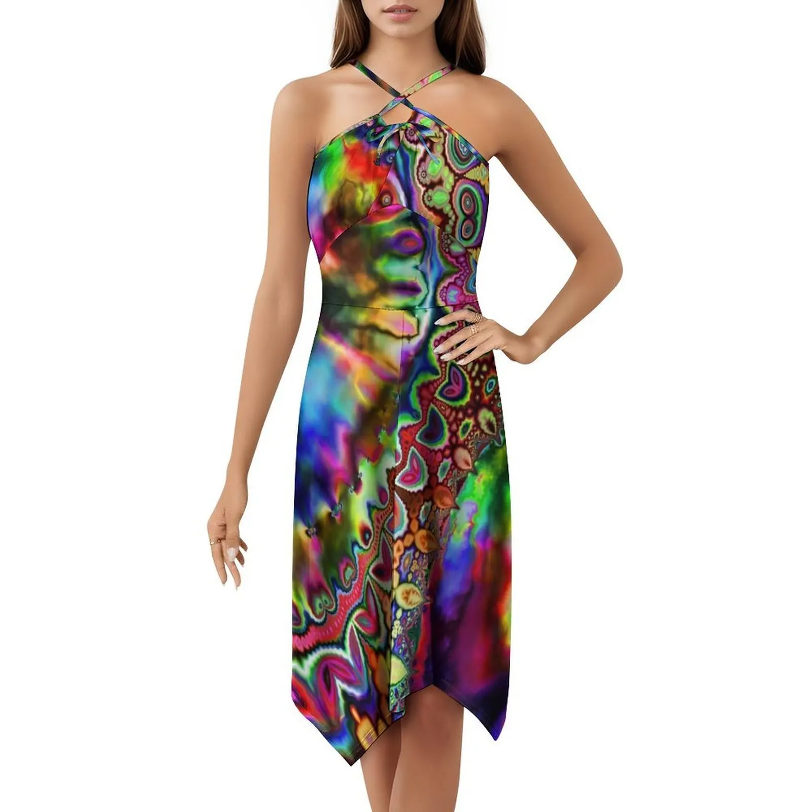 Sukienka w stylu koreańskim dla kobiet, elegancka sukienka codzienna na imprezę lub do noszenia na co dzień, tęczowy fraktal, psychodeliczna, trippy.