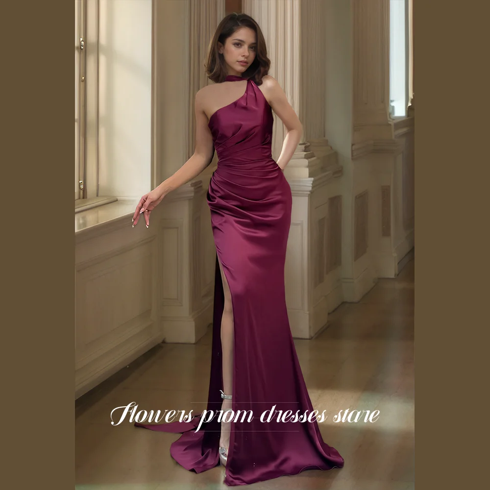 

Flowers Prom Halter Party Dress One Shoulder Evening Dress with Shawl Satin Mermaid Prom Dresses High Slit Customized