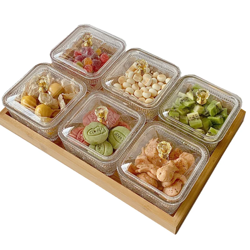 

6 separate glass platters, dried fruit trays with lids and wooden trays