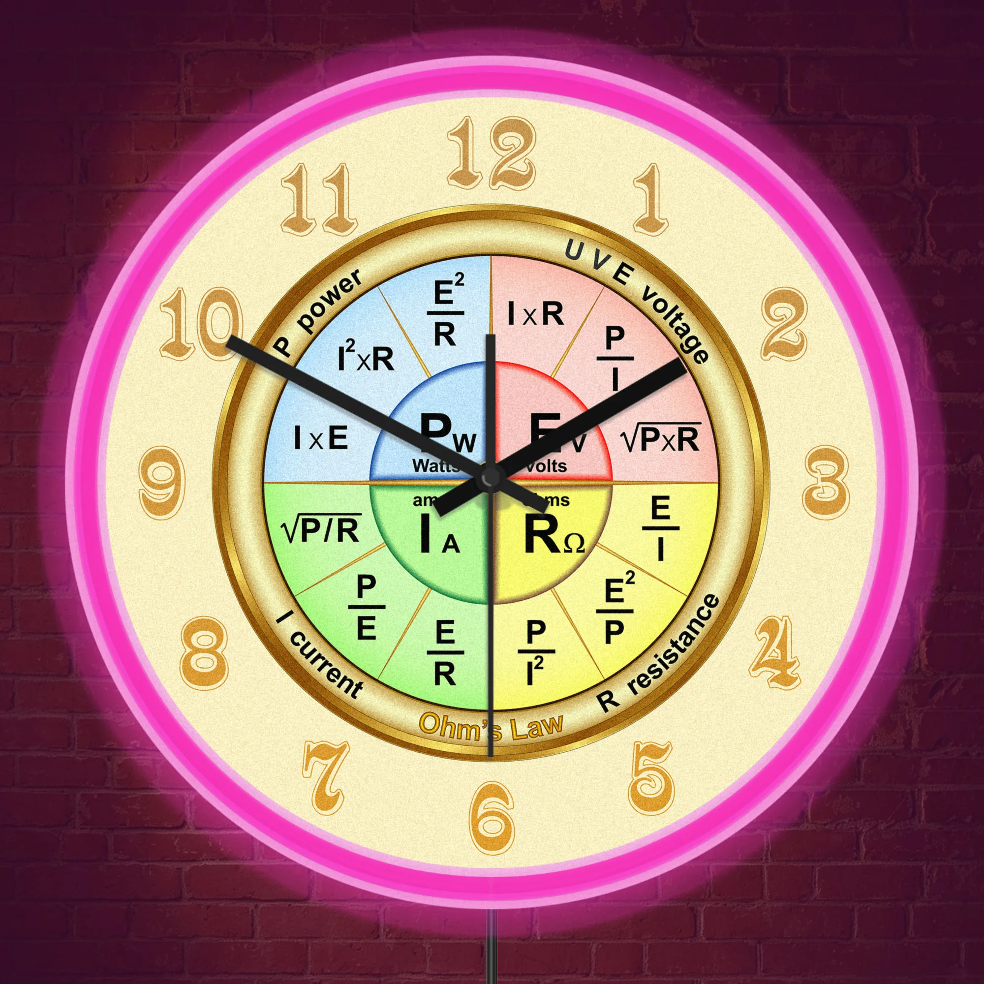 Ohm's Law Circle Chart LED Neon Wall Clock For Lab Workshop Electrical Physics Formula Circuit Illuminated Sign Electrician Gift