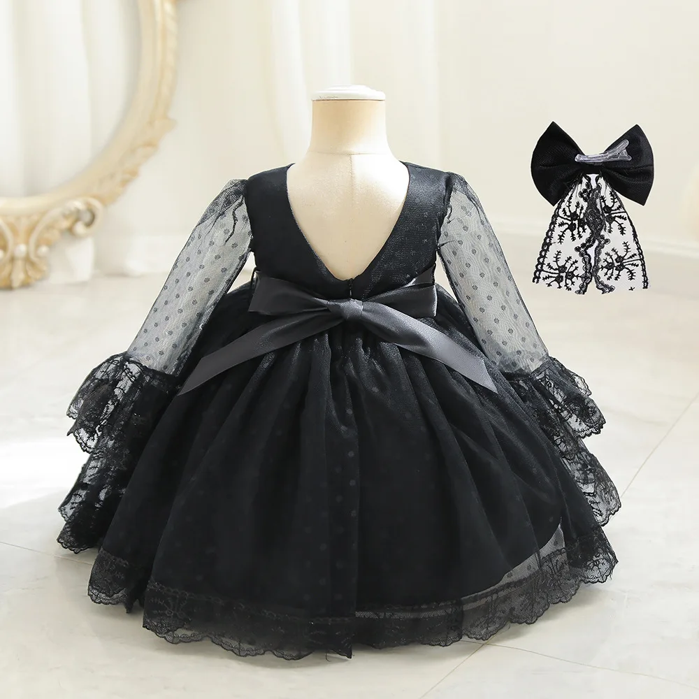 

HETISO Solid Color V Back Girls Princess Dress Lace Long Sleeve A-Line New Year Holiday Gown For Kids with Hairpin