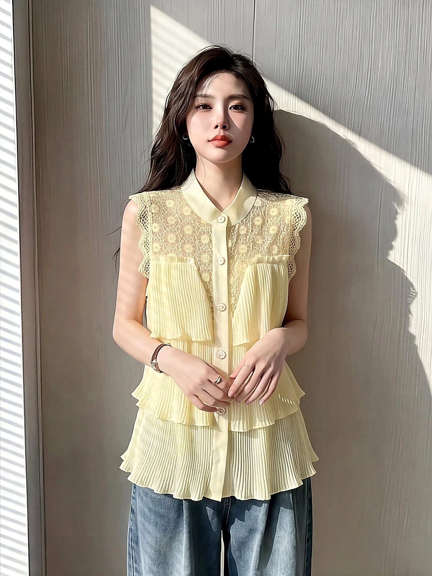 Yellow Hooked Embroidery Stand Collar Sleeveless Shirt Women Summer Pleated Cake Layer Waist Cinch Slimming Gentle Top