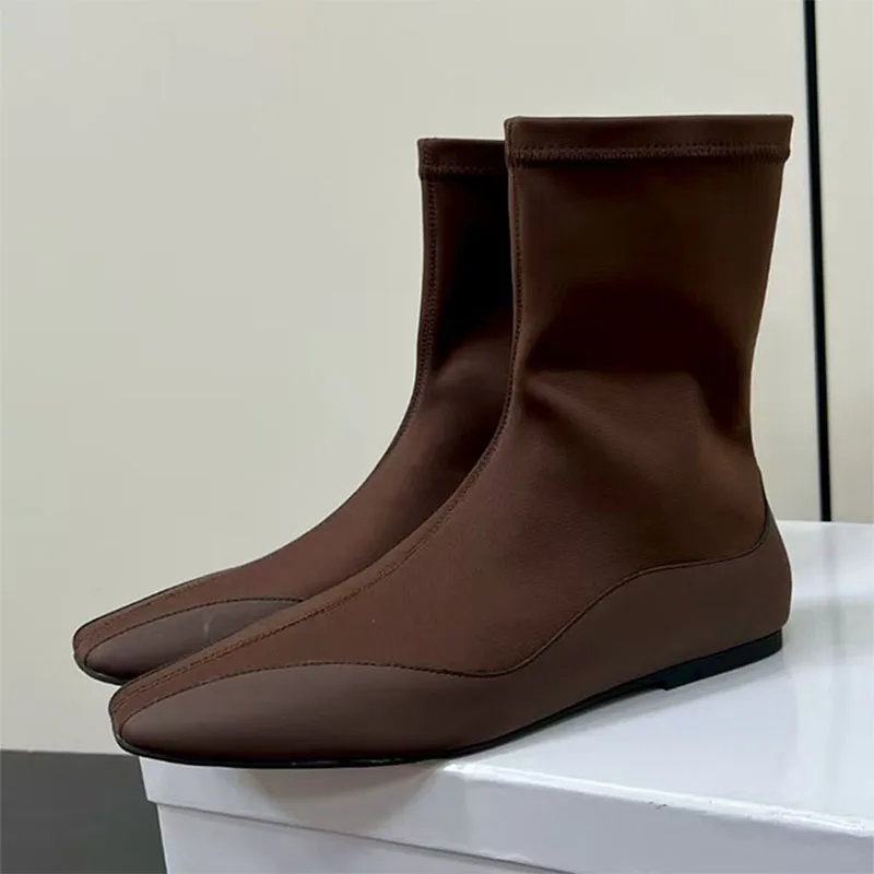 

New Stretch Ankle Boots Women Comfort Square Toe Black Brown Boots Slip-on Flat Shoes Woman Fashion Short Boots Woman