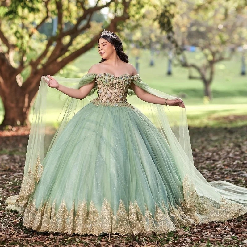 

Sage Green Sparkly Quinceanera Dress 2024 Ball Gown Gold Appliques Lace Beading Tull Puffy Skirt Sweet 15 16 Dress Vestidos