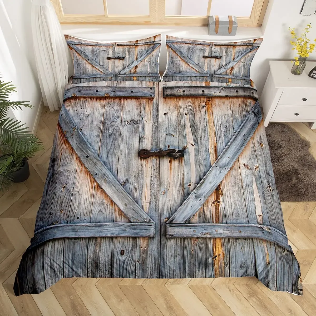 Rustic Wooden Barn Duvet Cover Set Wood Rustic Bedding Set Full King Size,Farm Farmhouse Comforter Cover,Plank Wall Quilt Cover