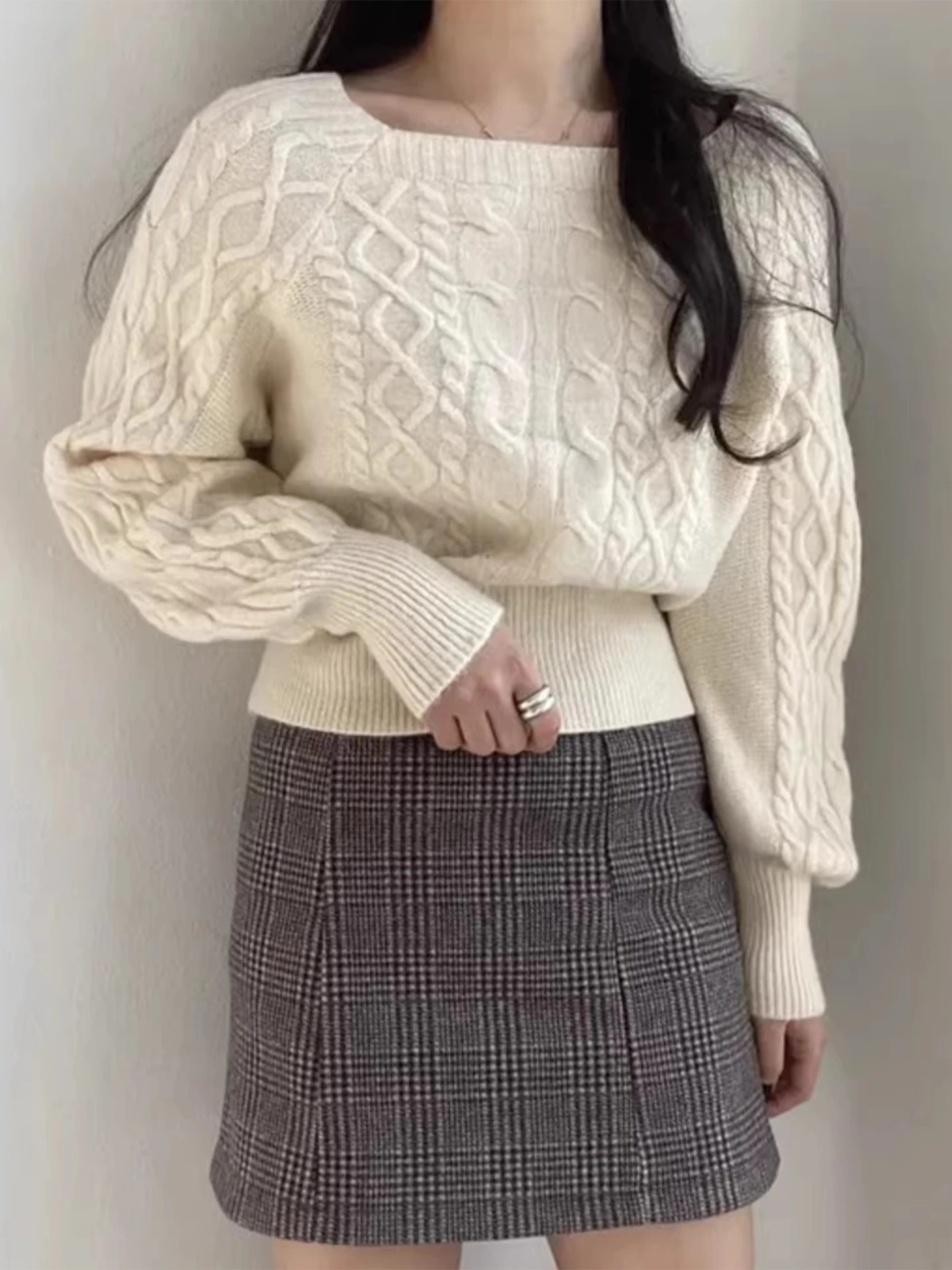 

Basic ort Square Collar Knitted Sweater Women's Autumn Winter Slimming Color Polyester Fiber Long Sve Top