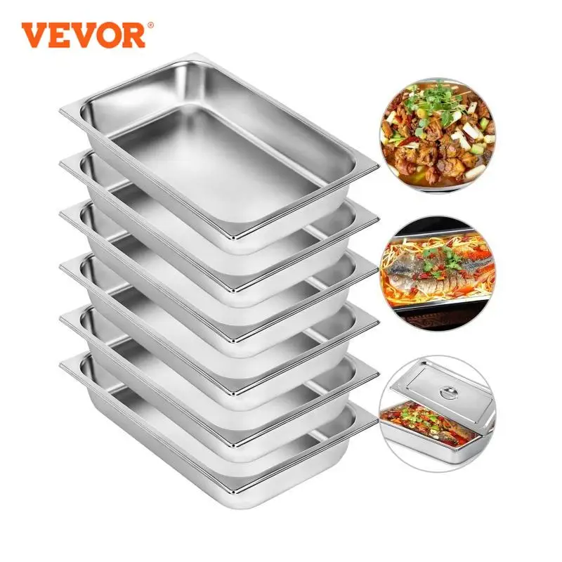 VEVOR Vassoio Rettangolare Portabile 13L Vassoio in Acciaio Inossidabile da 6 Pezzi, Piatto e Pentola al Vapore da Cucina 530x325x100mm, Teglia da Forno per Bar, Ristorante e Hotel