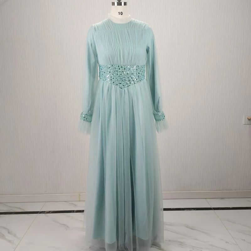 

Customized Real Photo Modest Evening Dress Green O-neck Full Sleeve Robe De Soiree A-line Floor-Length Woman Party Formal Gown