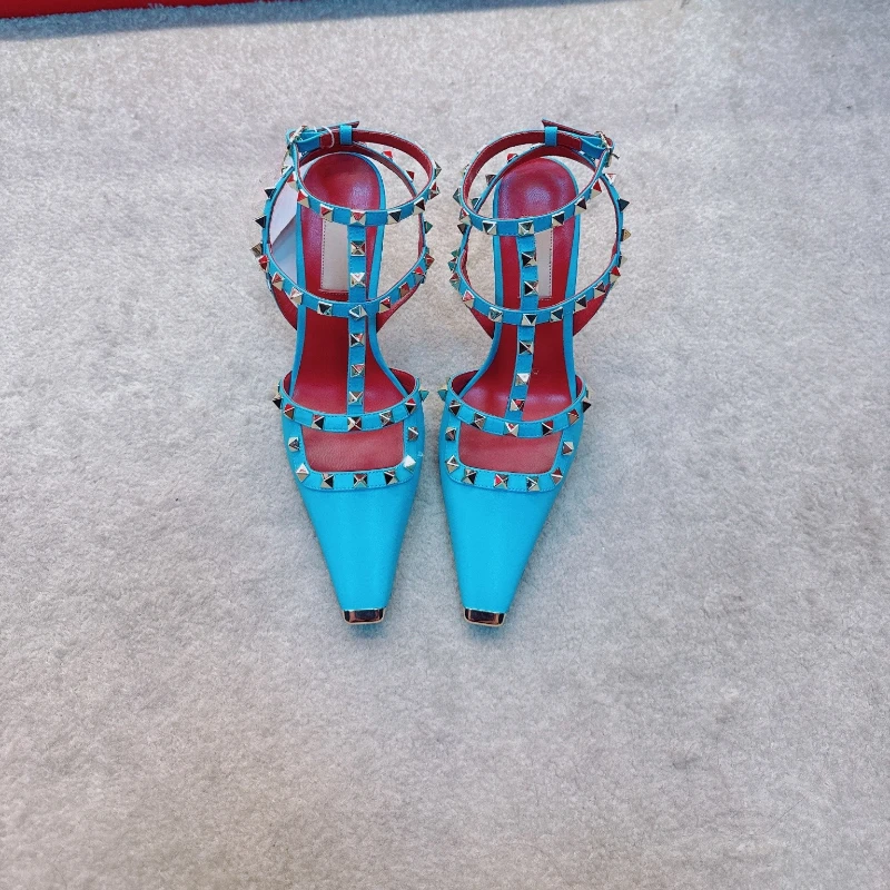 Summer Square Leather Stud High Heel Women's Sandals, Fashionable and Sexy Party Shoes with Fine Stiletto 10cm