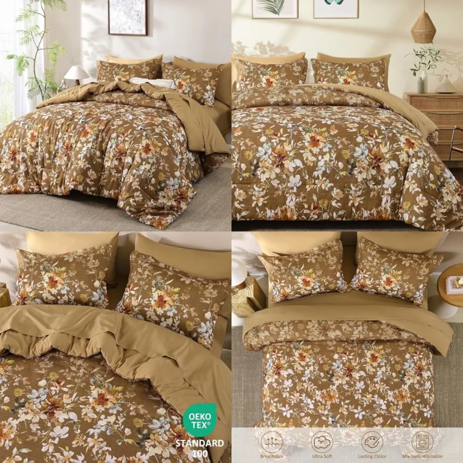 

Comforter Set Size, 7 Pcs Floral Bedding Comforter Set, Bed in a Bag Botanical Flower Pattern with Sheets, Pillowcases and Sham