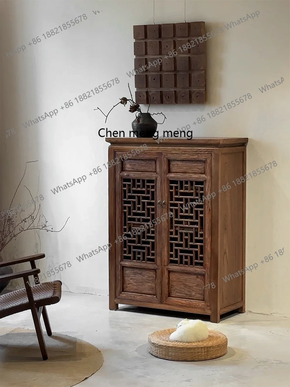 

Wabi Sandy wind solid wood carving flower and dining side cabinet old elm Chinese lace side cabinet old wood storage cabinet