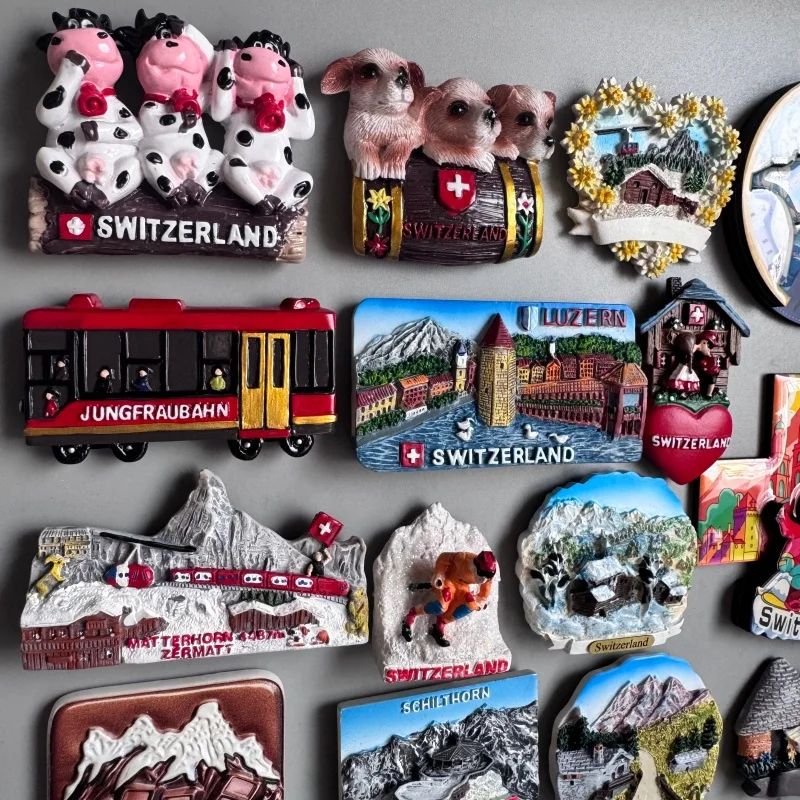 Swiss DairyCow Skiing Log Cabin Gurgle Clock Resin Fridge Magnet Sticker Tourist Souvenir Jungfraubahn Luzern Schilthorn Zermatt