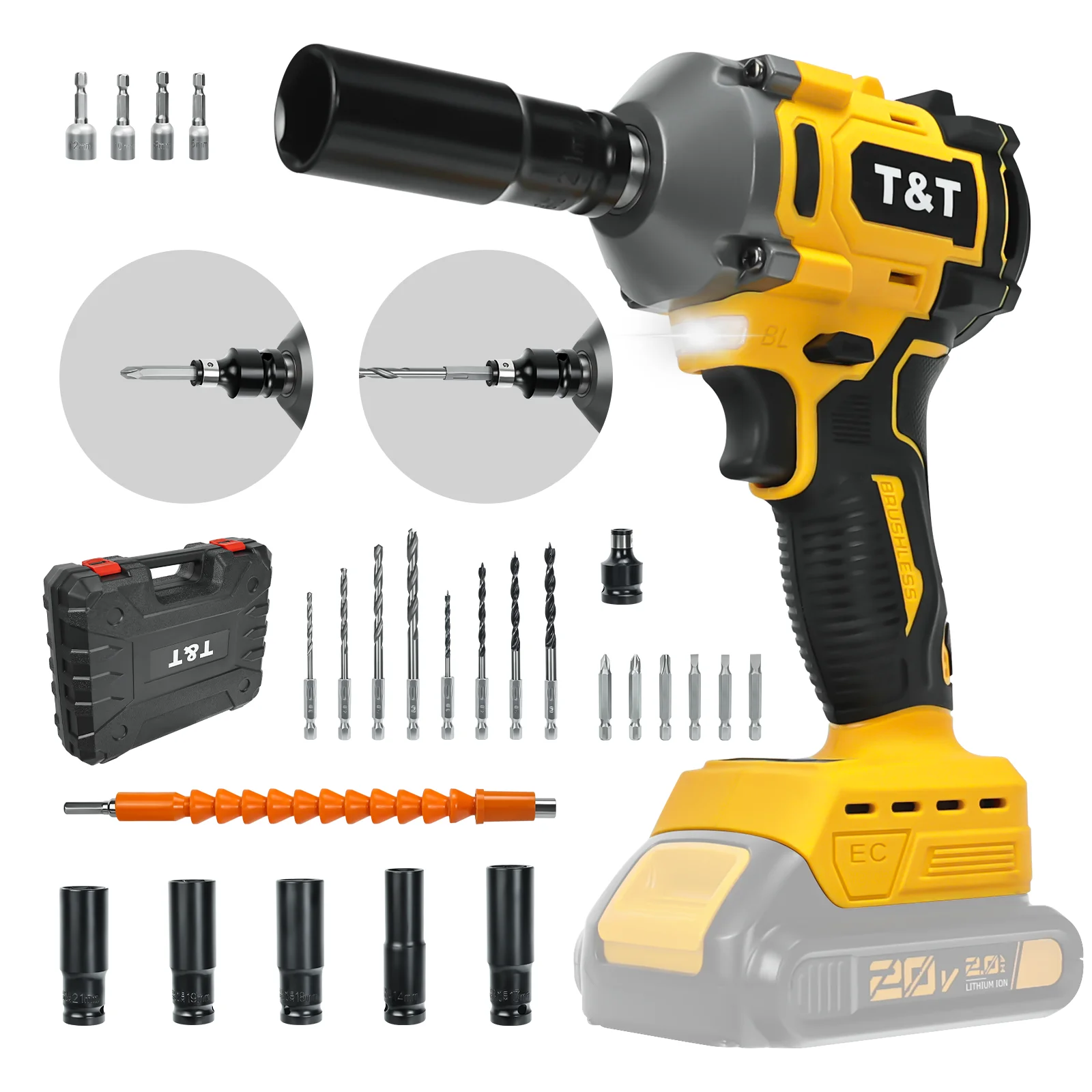 

Cordless Impact Wrench 2800RPM Brushless Power Impact Driver 350 N.m 1/2 inch Cordless Drill for Dewalt 20V Battery (No Battery)