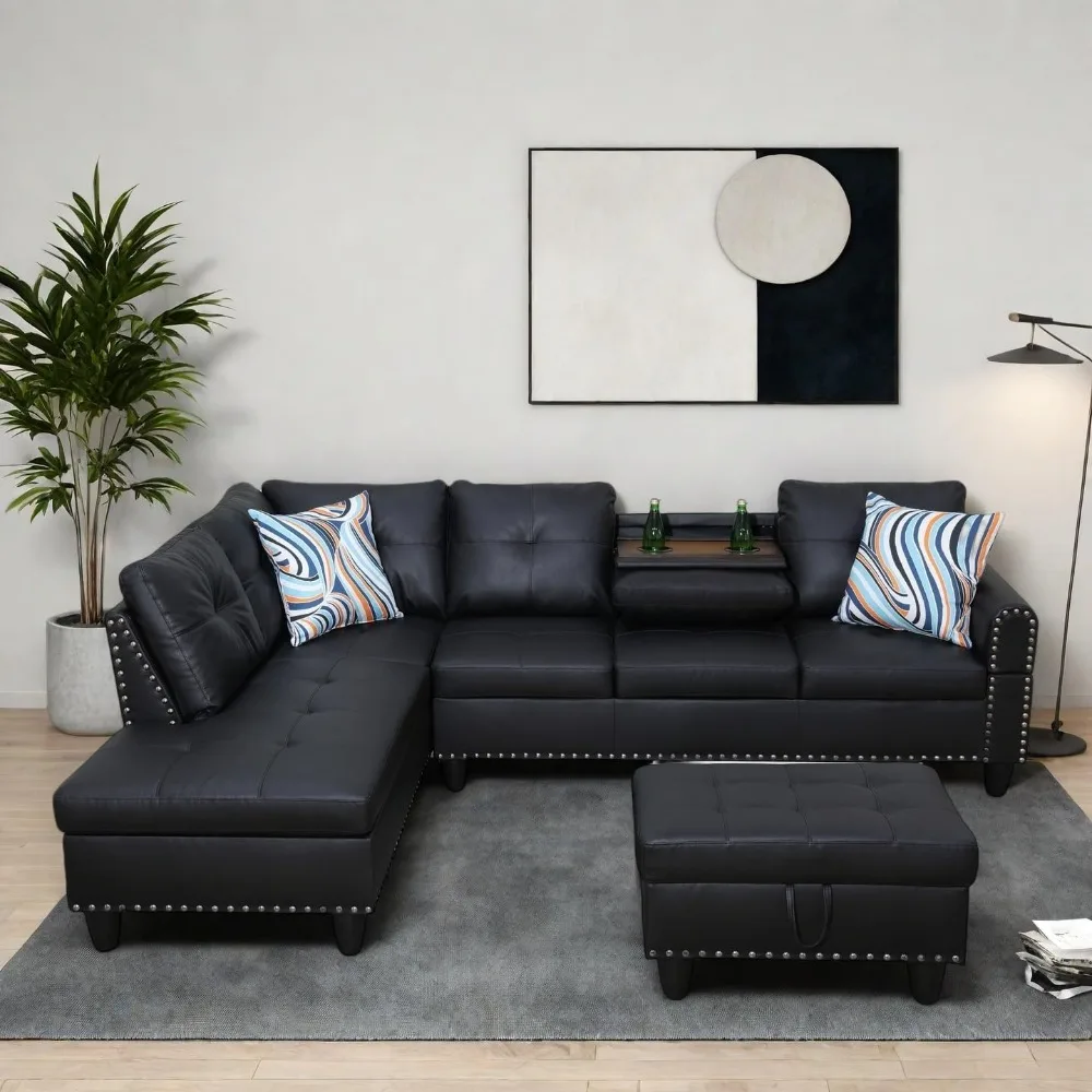 

modern living room furniture sets with cup holder, modular sectional couches with chaise lounge, 4-seaters l shape sofa with sto