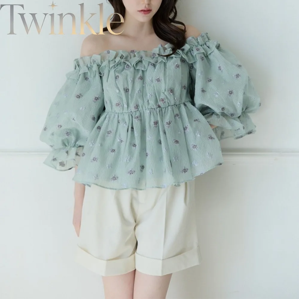 Japanese Style Top for Women Textured Floral Off Shoulder Ruffle Puff Sleeve Two Way Wear Sweet Chiffon Blouse Cute Fashion