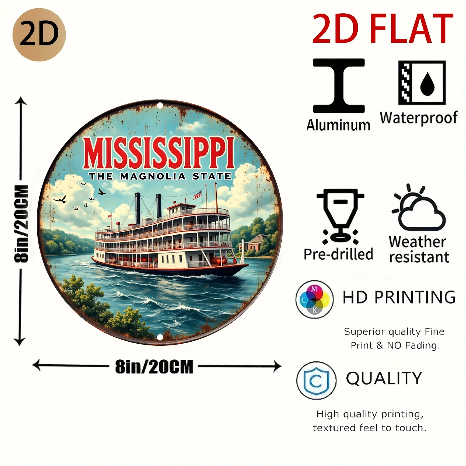 Vintage Mississippi Riverboat Metal Wall Art - Circular Tin Sign with Rustic Americana Design, No Frame Needed, Easy Hook Instal