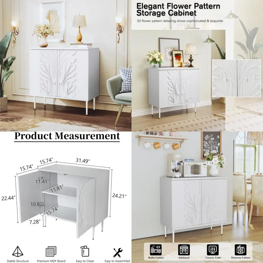 Three-Dimensional Flower Pattern Sideboard Buffet Cabinet with Double Doors and Adjustable Shelves