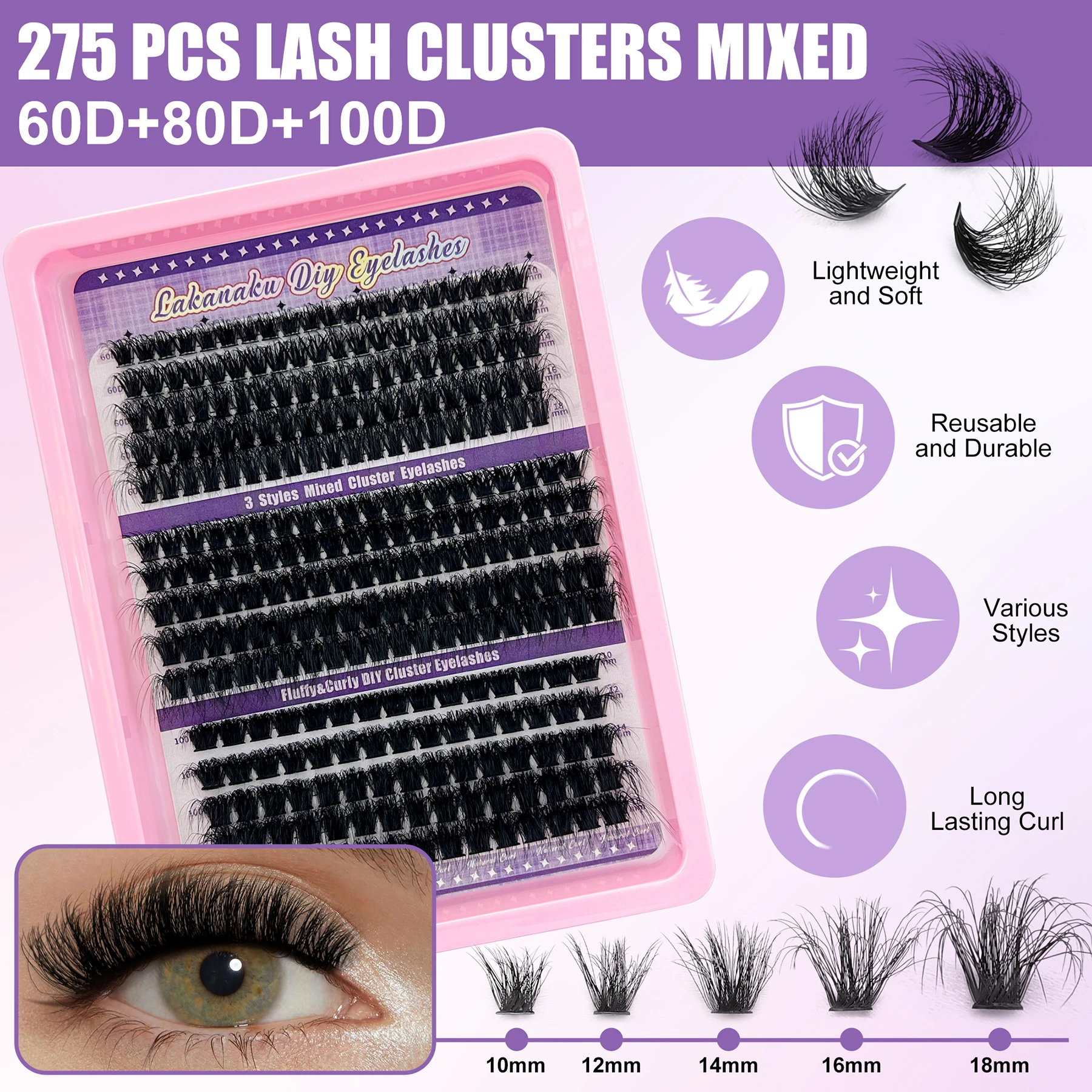 LAKANAKU 3D Fluffy Cluster Lash Mega Volume DIY Cluster Eyelashes Individual EyeLash Extensions 3D Mink Lashes
