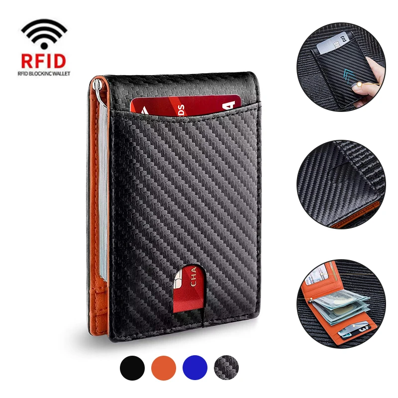 Carbon Fiber Leather Credit Card Holder Men Wallets Rfid Black Minimalist Wallet Gifts for Men Purses Carteira Masculina Caibu