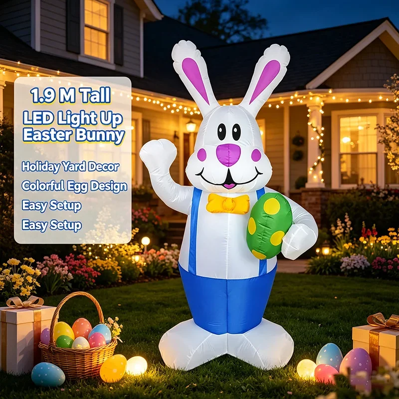 1.9M Inflatable Christmas Cartoon Bunny with LED Lights, Blow Up Yard Decor for Easter Holiday Party