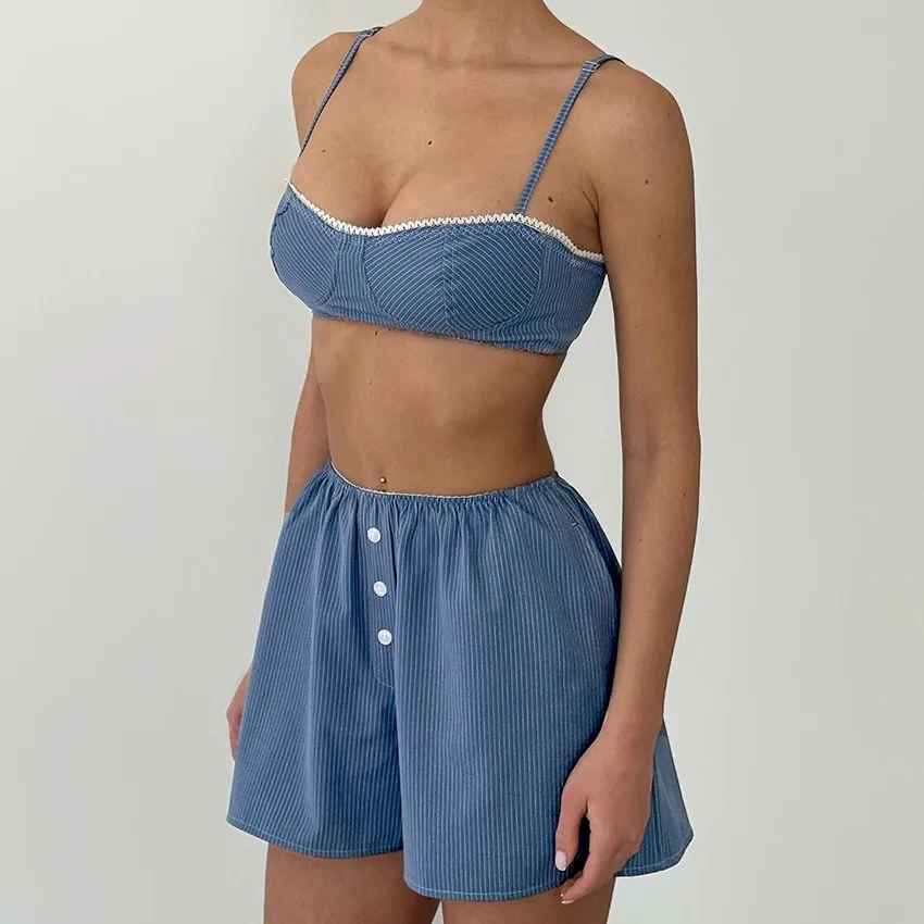 

Summer Women's Clothing Striped Strap Pajamas Night Wear For Ladies Thin Cotton Short Set Breathable And Cool