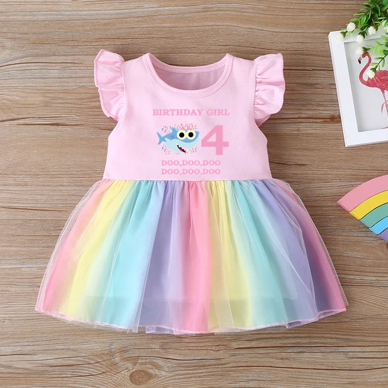 Baby Girl Clothes 1st 2nd 3rd 4th Birthday Dress Cartoon Shark Cute Princess Vestidos Toddler Girls Rainbow Mesh Party Dresses