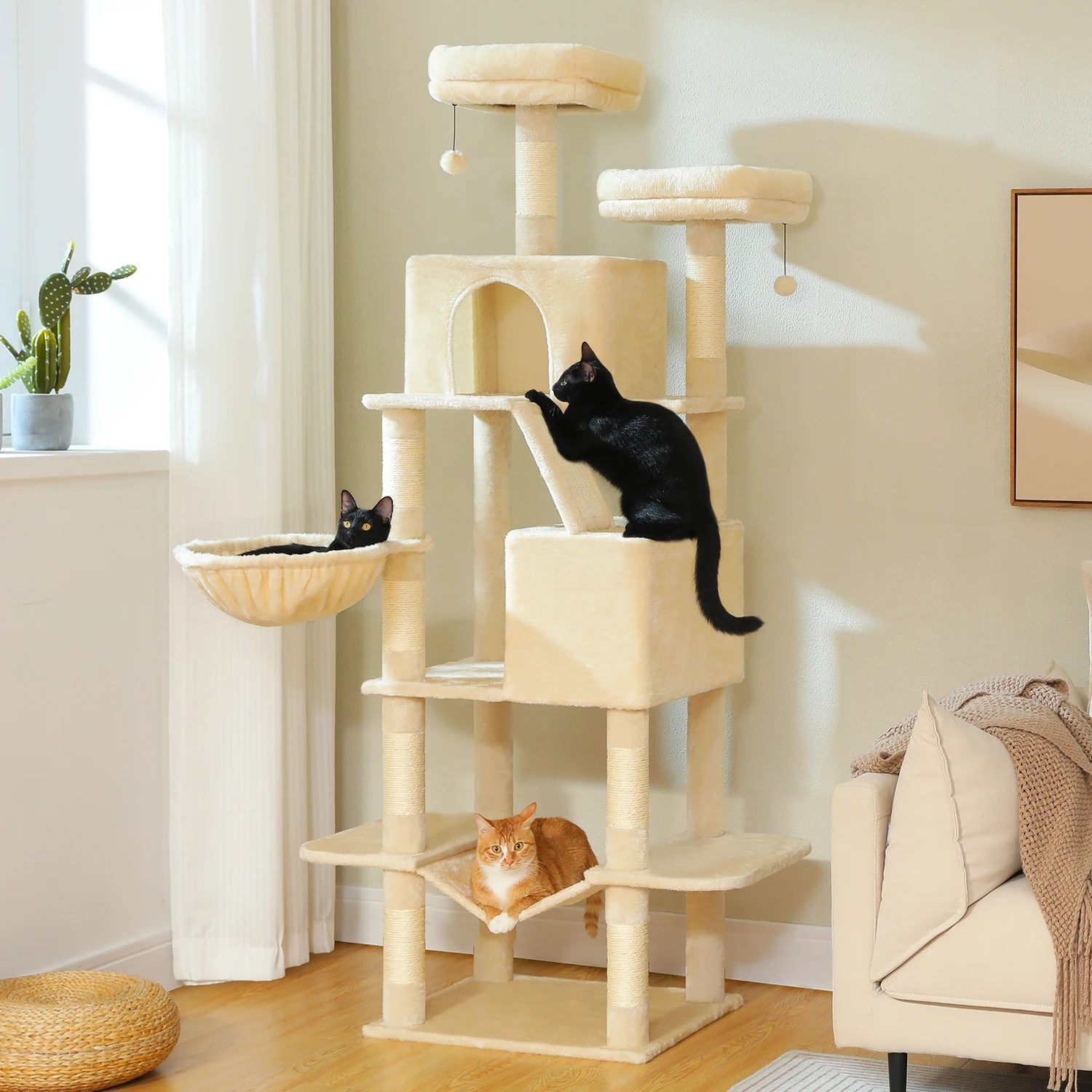 

180cm Stable Cat Tree Multi-Level Cat Tower with 9 Scratching Areas,Plush Hammock,2 Roomy&Cozy Hideaways,Top Perch,Perch Basket